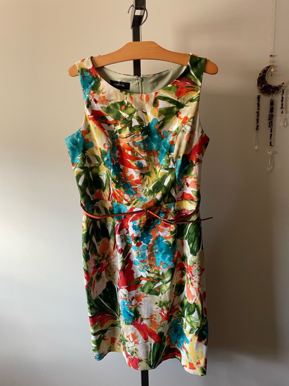 Jones & Co Tropical Botanical Belted Sleeveless Midi Dress Sheath Shift Abstract